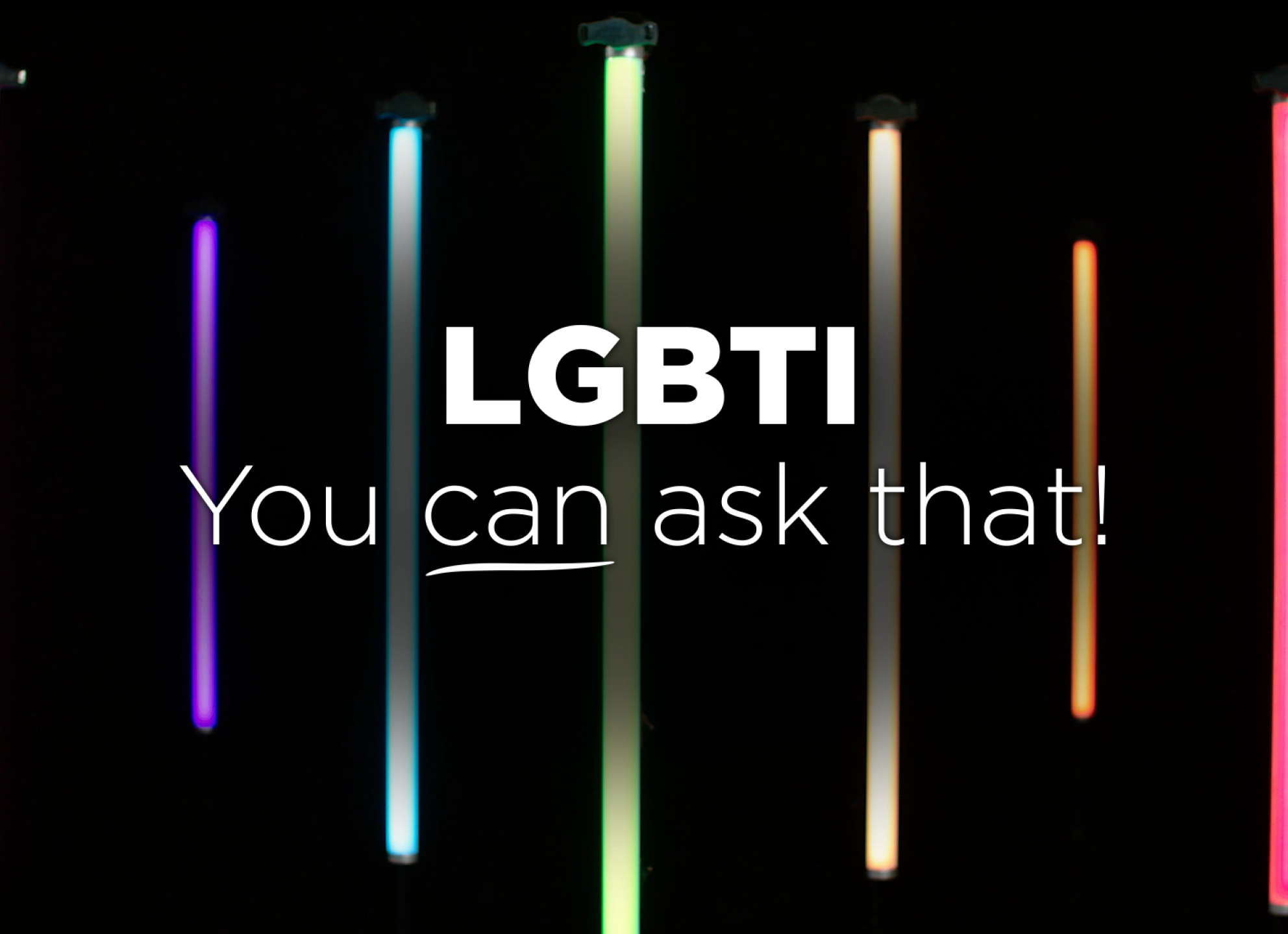 Thumbnail for Eldercare's LGBTI short film 'You can ask that' which features rainbow lights in the background.